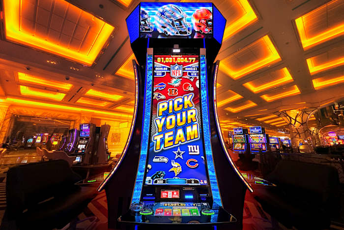 An NFL-themed slot machine in a Las Vegas casino.